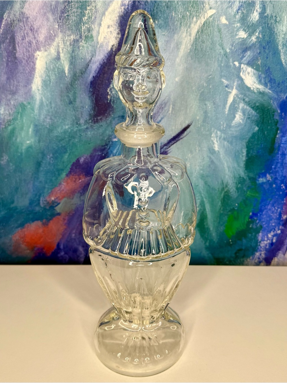 Clown Decanter Bottle Vintage Empoli Clear Glass MCM Bar Decor Whimsical Figural